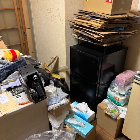 冷蔵庫の上に段ボールや古紙類が積み重なった片付け前の室内の様子。生活用品や雑貨が散在し、整理が必要な状態の1DKアパート