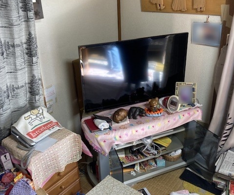 整理前の和室の様子。畳の上には生活用品や衣類が多く置かれている。